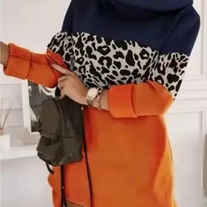 Chic Orange and Navy Leopard Print High-low Hooded Dress